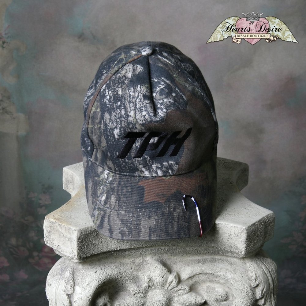 TPH Camo Baseball Cap with Fishing Hook Pin on Bill Adjustable
